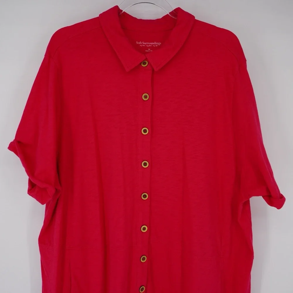 Soft Surroundings Womens 3X Button Down Hot Pink Dress‎ Short Sleeve Lagenlook